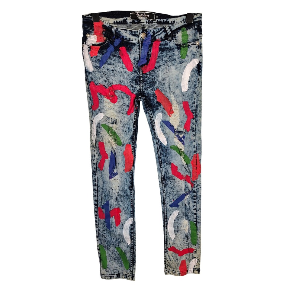 Thrill Jeans Womens SZ 13 Acid Wash Painted Slim Jeans Multicolor Cotton Art